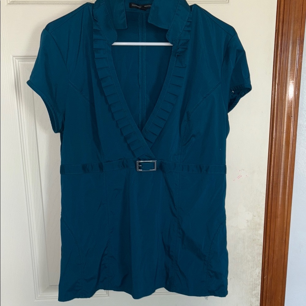 Express Green Wrap Blouse with Ruffled Cap Sleeves